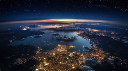 Panoramic view on planet Earth globe from space. Glowing city lights, light clouds. Generative AI.の素材
