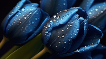 Blue Tulips flowers with water drops background. Closeup of blossom with glistening droplets. Generative AI.の素材