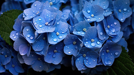 Blue Hydrangeas flowers with water drops background. Closeup of blossom with glistening droplets. Generative AI.の素材