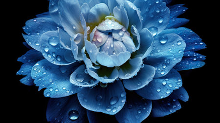 Blue Peony flowers with water drops background. Closeup of blossom with glistening droplets. Generative AI.の素材