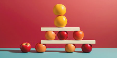 Equilibrium food balance diet concept. Balancing pyramid or tower of fruits. Generative AI.の素材