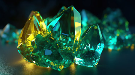 Amazing bright and shiny Euchlorine crystal cluster background. Jewel mineral detailed macro. Generative AI.の素材