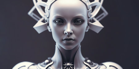 Portrait of female humanoid robot made of white plastic and glass. Android face. Synthetic life. Generative AI.の素材