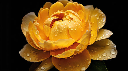 Yellow Peony flowers with water drops background. Closeup of blossom with glistening droplets. Generative AI.の素材