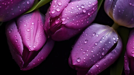 Purple Tulips flowers with water drops background. Closeup of blossom with glistening droplets. Generative AI.の素材