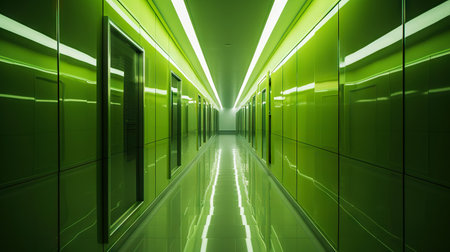 Green abstract futuristic tunnel with neon lines. Generative AI.の素材