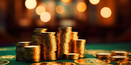 Pile of golden coins with gold bokeh background. Jackpot fortune concept. Generative AI.の素材