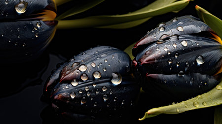 Black Tulips flowers with water drops background. Closeup of blossom with glistening droplets. Generative AI.の素材