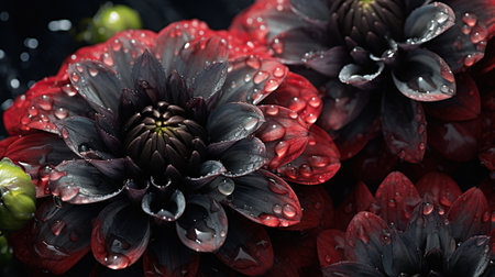 Black and red Dahlia flowers with water drops background. Closeup of blossom with glistening droplets. Generative AI.の素材