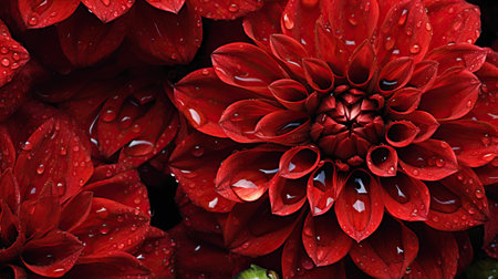 Red Dahlia flowers with water drops background. Closeup of delicate blossom with glistening droplets. Generative AI.の素材