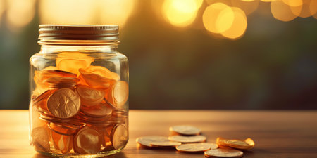 Golden rose flower in jar full of coins. On wooden table with blurred backdrop. Economy concept. Generative AI.の素材