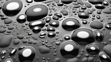 Abstract black paint drops mixed in white oil background. Non-mixing fluids pattern. Generative AI.の素材