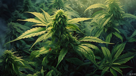 Flower bud of cannabis Satival in the greenhouse, marijuana flower bud background, herbal medicine. Generative AI.の素材