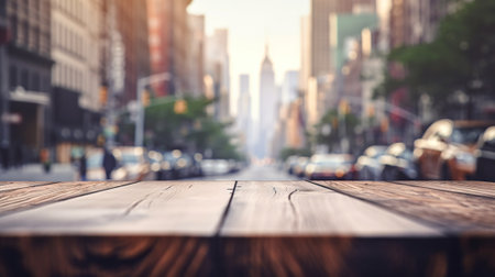 Wood table mockup with New York city street in shallow depth of field. Copy space for product. Generative AIの素材