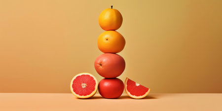 Equilibrium food balance diet concept. Balancing pyramid or tower of fruits. Generative AI.の素材