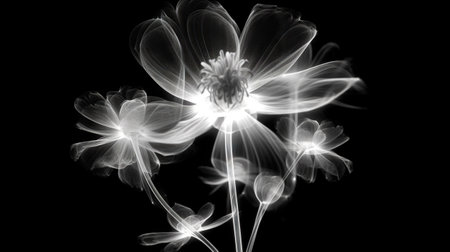 Monochrome x-ray image of a ethereal flower on black. Fantasy mystical blossom. Generative AI.の素材