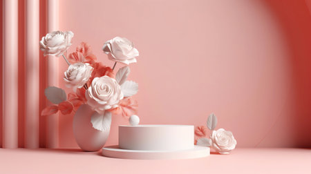 Podium with pink roses on pastel pink background to display products, gift or cosmetics. Generative AI.の素材