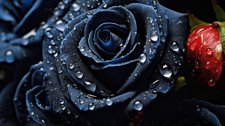 Black Roses flowers with water drops background. Closeup of blossom with glistening droplets. Generative AI.の素材