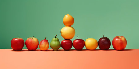 Equilibrium food balance diet concept. Balancing pyramid or tower of fruits. Generative AI.の素材