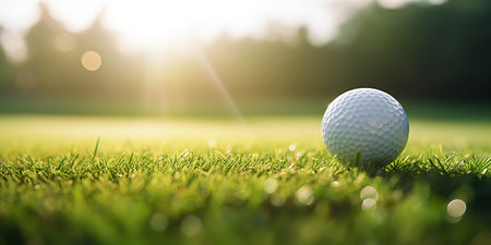 Close-up of golf ball on green grass of golf course, sunny day, blurred backdrop. Generative AI.の素材