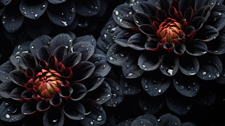 Black Dahlia flowers with water drops background. Closeup of delicate blossom with glistening droplets. Generative AI.の素材