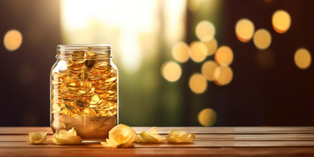 Golden rose flower in jar full of coins. On wooden table with blurred backdrop. Economy concept. Generative AI.の素材