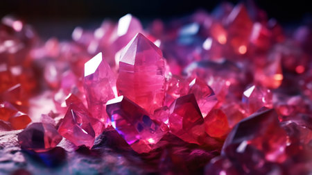 Amazing bright and shiny Rhodochrosit crystal cluster background. Jewel mineral detailed macro. Generative AI.の素材