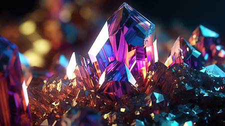 Amazing bright and shiny Titanium Quartz crystal cluster background. Jewel mineral detailed macro. Generative AI.の素材