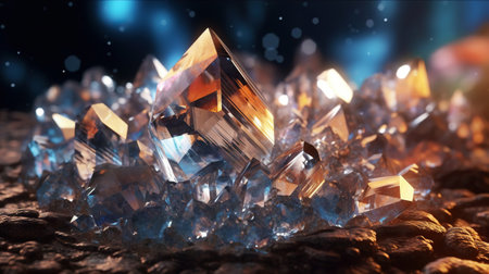 Amazing bright and shiny Astrophyllite crystal cluster background. Jewel mineral detailed macro. Generative AI.の素材