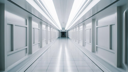 White abstract futuristic tunnel with neon lines. Generative AI.の素材