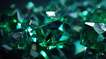 Amazing bright and shiny Emerald crystal cluster background. Jewel mineral detailed macro. Generative AI.の素材