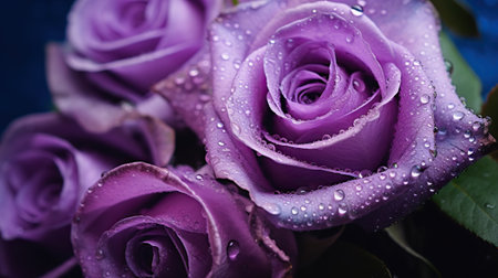 Purple Roses flowers with water drops background. Closeup of blossom with glistening droplets. Generative AI.の素材