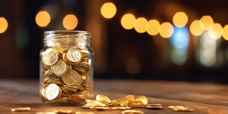 Golden rose flower in jar full of coins. On wooden table with blurred backdrop. Economy concept. Generative AI.の素材