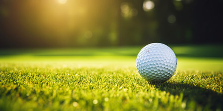 Close-up of golf ball on green grass of golf course, sunny day, blurred backdrop. Generative AI.の素材