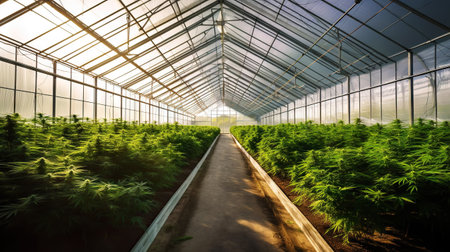 Commercial Cannabis grow in greenhpuse. Rows of plants. Generative AI.の素材