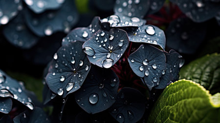 Black Hydrangeas flowers with water drops background. Closeup of blossom with glistening droplets. Generative AI.の素材