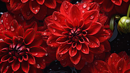 Red Dahlia flowers with water drops background. Closeup of delicate blossom with glistening droplets. Generative AI.の素材