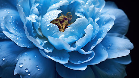 Blue Peony flowers with water drops background. Closeup of blossom with glistening droplets. Generative AI.の素材