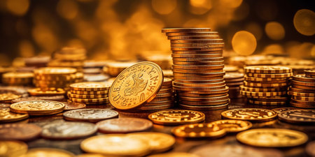 Pile of golden coins with gold bokeh background. Jackpot fortune concept. Generative AI.の素材