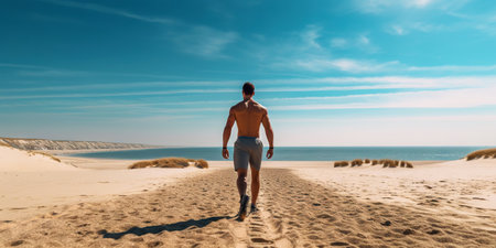 Athletic man running on the beach. Male runner. Generative AI.の素材