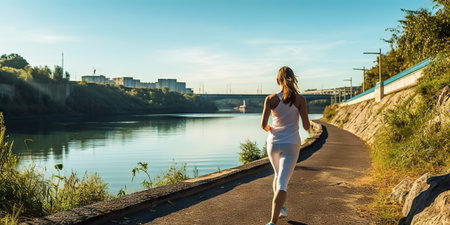 Young woman running on pier near river in morning. Generative AI.の素材