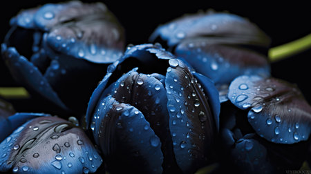 Black Tulips flowers with water drops background. Closeup of blossom with glistening droplets. Generative AI.の素材