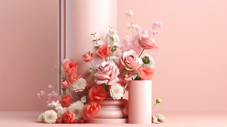 Podium with pink roses on pastel pink background to display products, gift or cosmetics. Generative AI.の素材