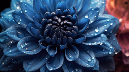 Blue Dahlia flowers with water drops background. Closeup of delicate blossom with glistening droplets. Generative AI.の素材