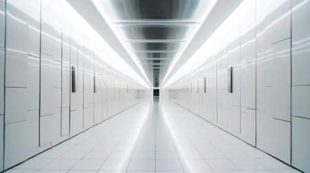 White abstract futuristic tunnel with neon lines. Generative AI.の素材