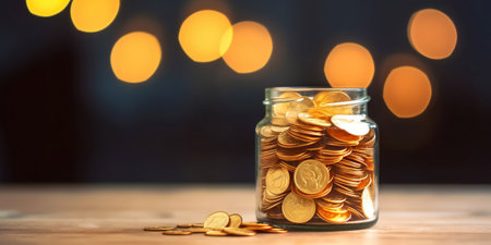 Golden rose flower in jar full of coins. On wooden table with blurred backdrop. Economy concept. Generative AI.の素材