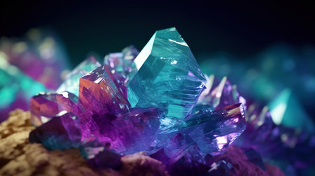 Amazing bright and shiny Fluorite crystal cluster background. Jewel mineral detailed macro. Generative AI.の素材