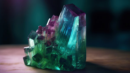 Amazing bright and shiny Burmese Tourmaline crystal cluster background. Jewel mineral detailed macro. Generative AI.の素材