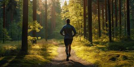 Man running in park with green trees on beautiful summer day. Sport fitness concept. Generative AI.の素材