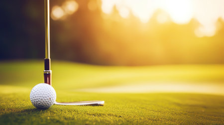 Golf club and golf ball on green grass background. Blurred backdrop. Outdoor sport on a sunny day. Generative AI.の素材